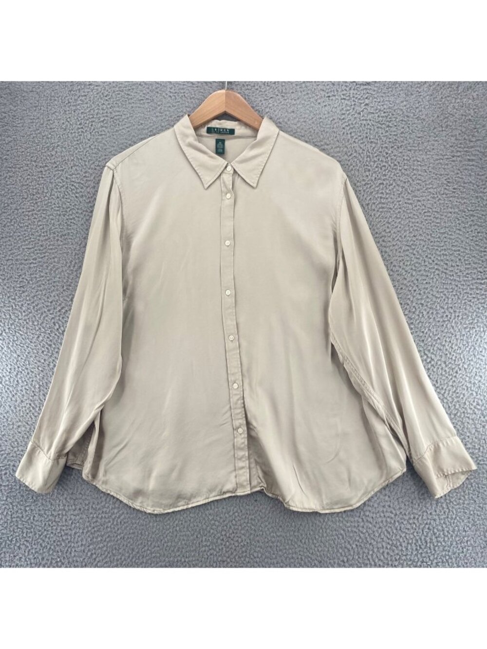 Lauren Ralph Lauren Shirt Womens 3X Plus Champagne Satin Button Up Long Sleeve